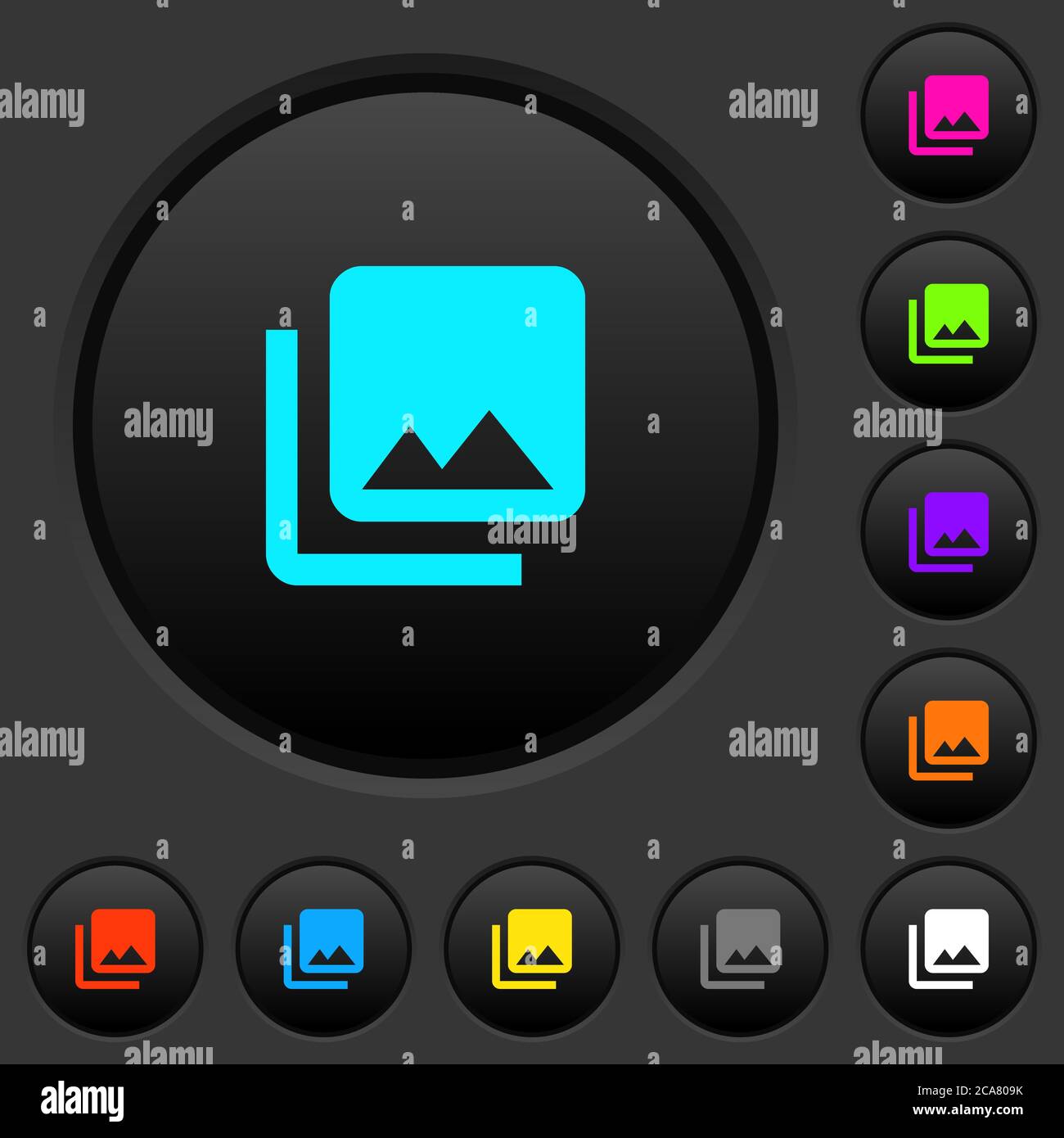 Photothèque boutons-poussoirs sombres avec icônes de couleur vive sur fond gris foncé Illustration de Vecteur