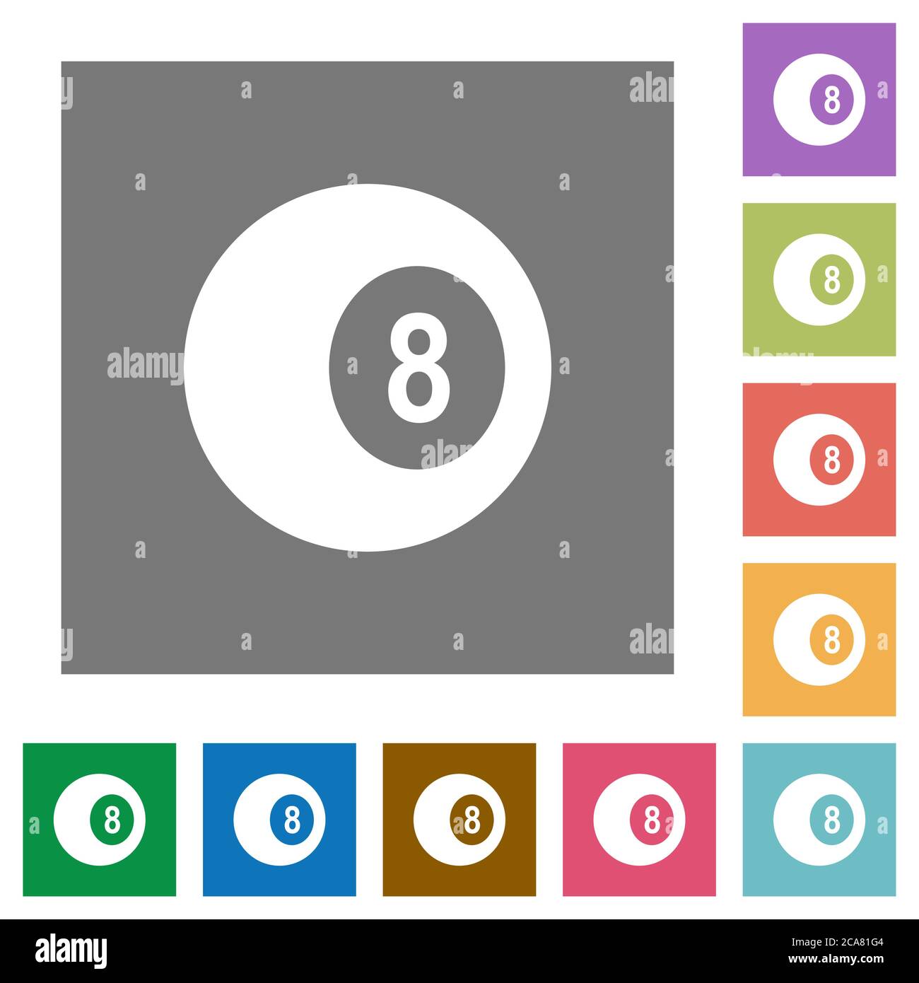 Huit icônes de boule de billard noires plates sur des fonds carrés de couleur simples Illustration de Vecteur