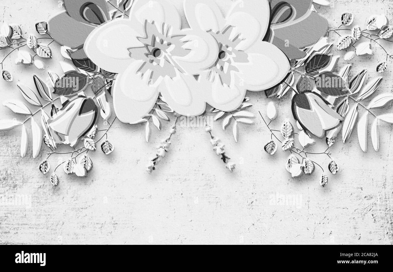 illustration 3d monochrome, fond grunge, grand bouquet de fleurs Banque D'Images