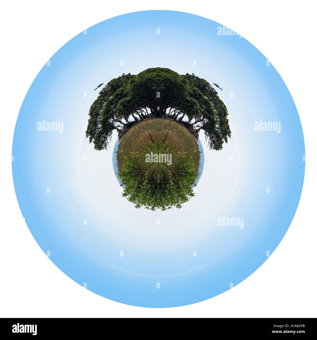 Camping planète. Image arrondie avec bords isolés. Vue sur une clairière avec de grands arbres, la plage et le camping, ainsi que des hélicoptères volants. Banque D'Images