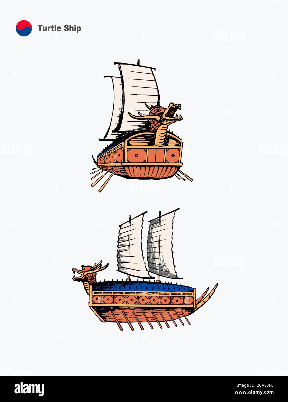 Tortue coréenne, navire en forme de tortue à l'avant et sur les côtés, illustration vectorielle. Illustration de Vecteur