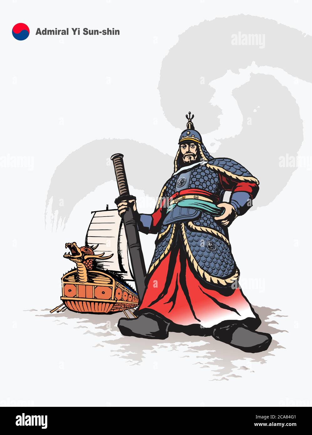 Amiral Yi Sun-shin et Turtle Ship, héros historique coréen peint avec des pinceaux. Illustration de Vecteur
