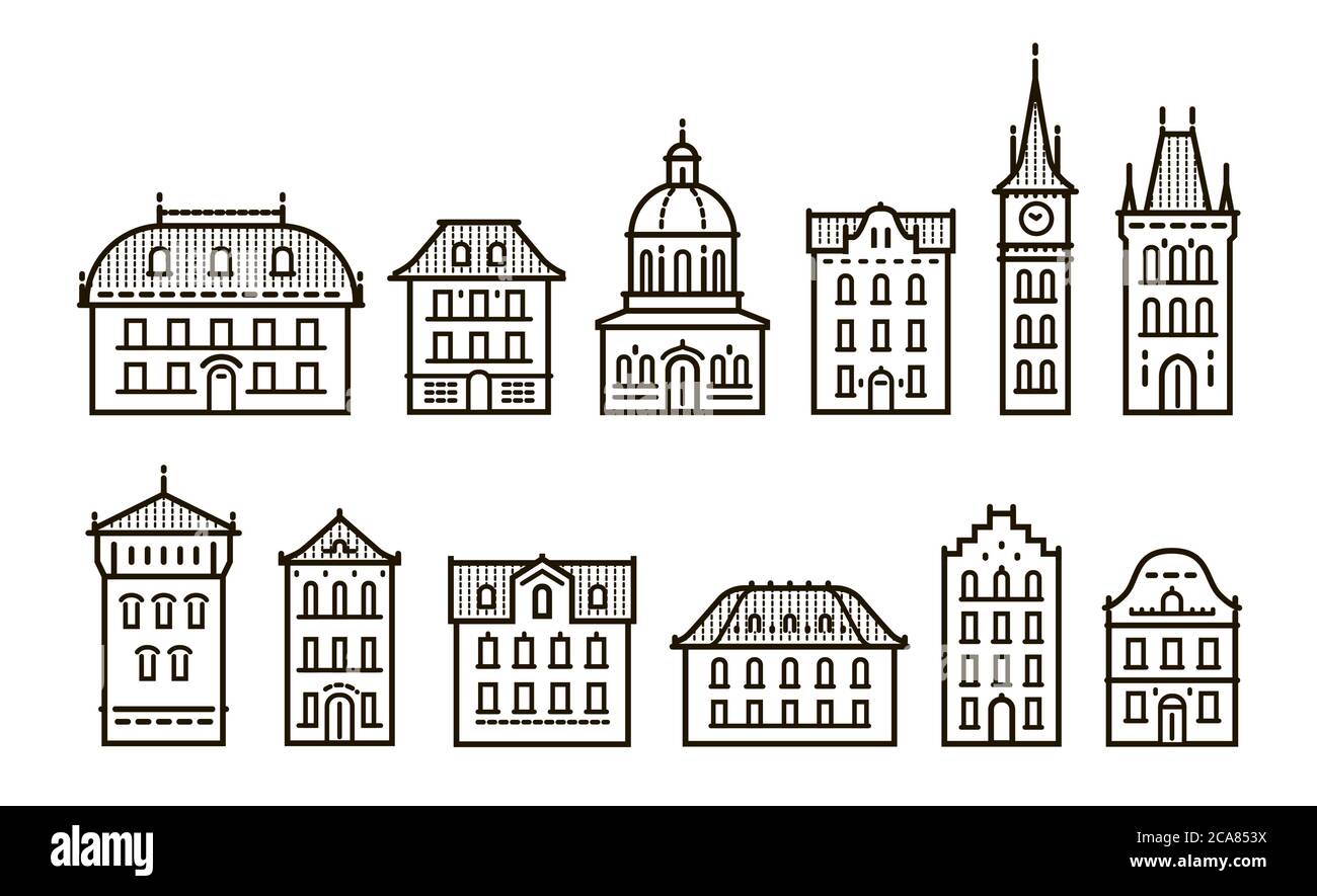 Les icônes des bâtiments d'époque se définissent dans un style linéaire. Ville, concept de ville Illustration de Vecteur