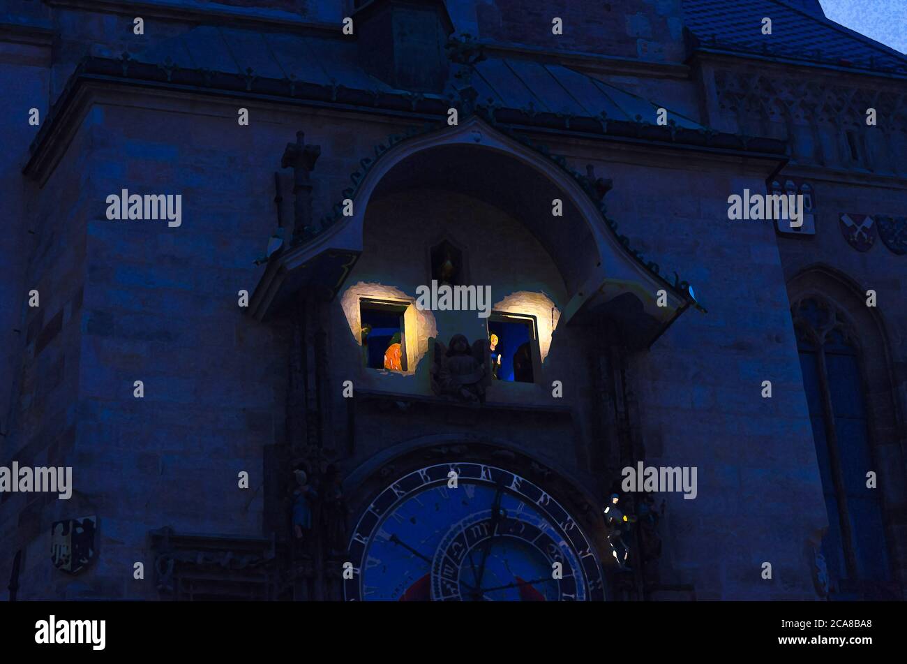 Dessin aquarelle de gros plan horloge astronomique de Prague Orloj avec de petites figures situé dans le bâtiment médiéval de la vieille ville dans la vieille ville de Prague centre historique, soirée carillons de Prague Banque D'Images