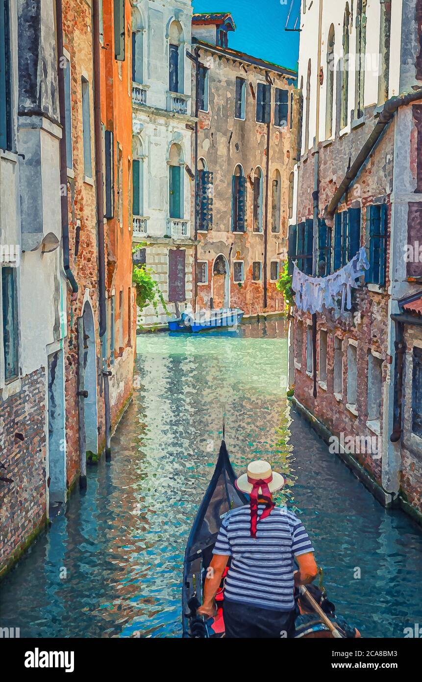 Dessin aquarelle du canal étroit de navigation de Gondola à Venise entre les anciens bâtiments avec des murs de briques. Gondolier habillé de vêtements traditionnels et chapeau de paille avec ruban rouge. Banque D'Images