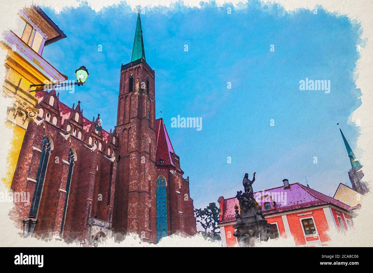 Dessin aquarelle du Monument et de la lumière de rue sur la place et la Collégiale catholique de la Sainte Croix avec la flèche dans le centre historique de la ville d'Ostrow Tumski, vue en soirée, Wroclaw, Pologne Banque D'Images