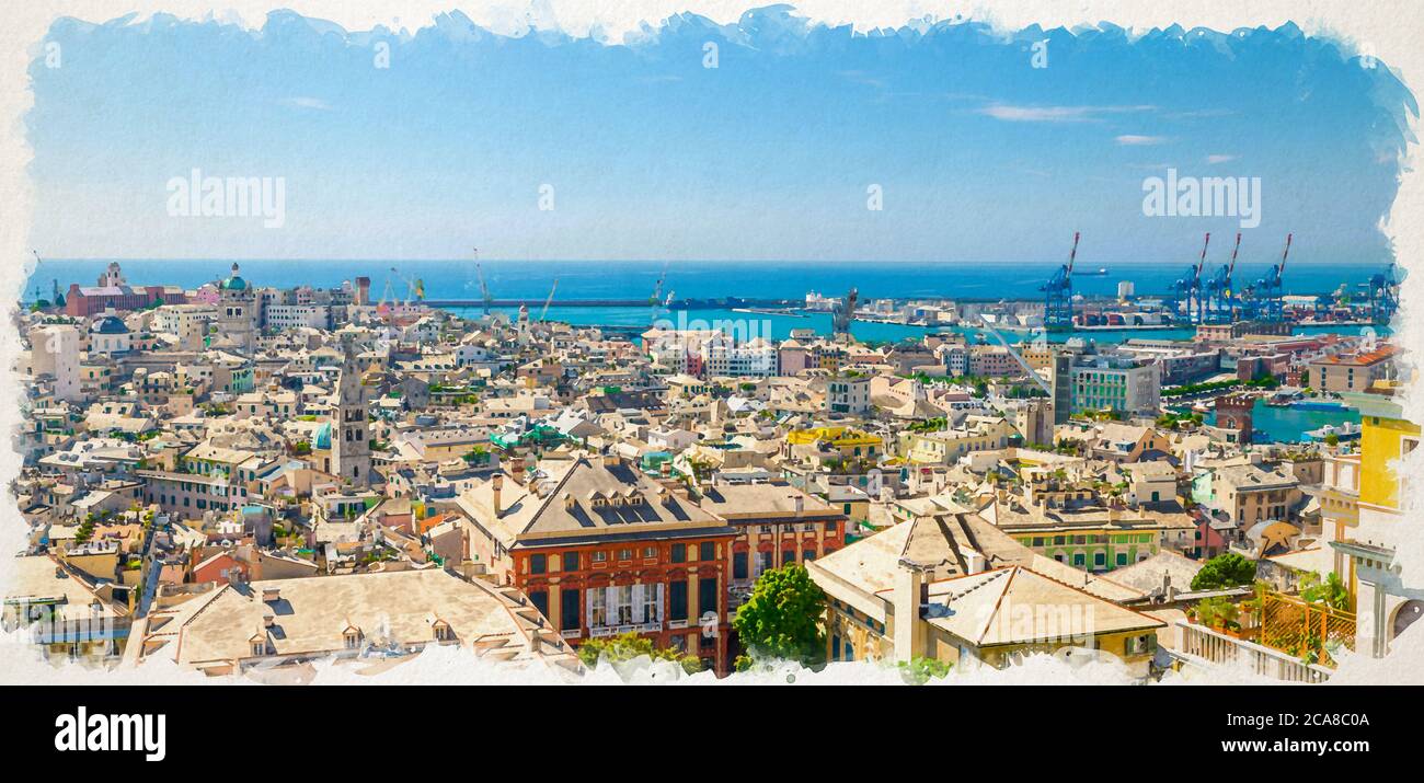 Dessin aquarelle de Top vue panoramique aérienne des vieux quartiers du centre historique, panorama de la ville européenne de Gênes, port et port de la Ligurie et de la Méditerranée, Ligurie, Italie Banque D'Images