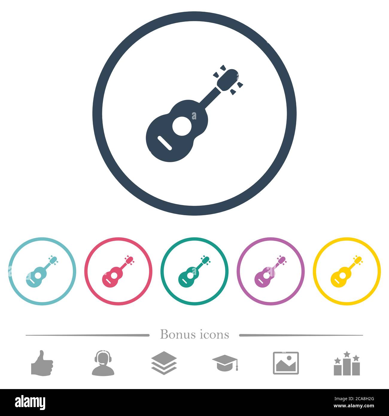 Guitare acoustique icônes de couleur plate dans des contours ronds. 6 icônes bonus incluses. Illustration de Vecteur