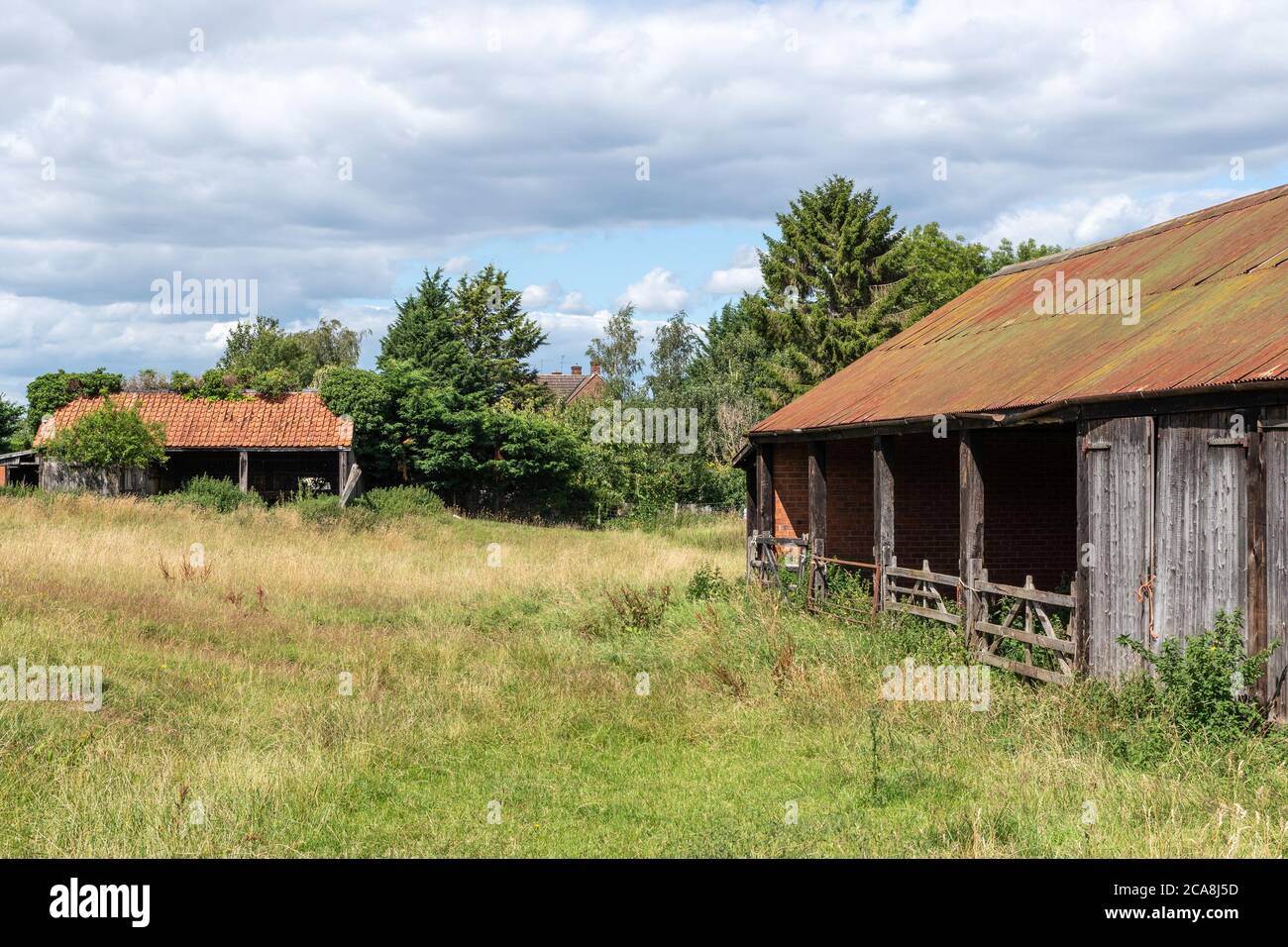 Deux granges semi-élictes dans un champ à la lisière du village de Milton Malsor, Northamptonshire, Royaume-Uni Banque D'Images
