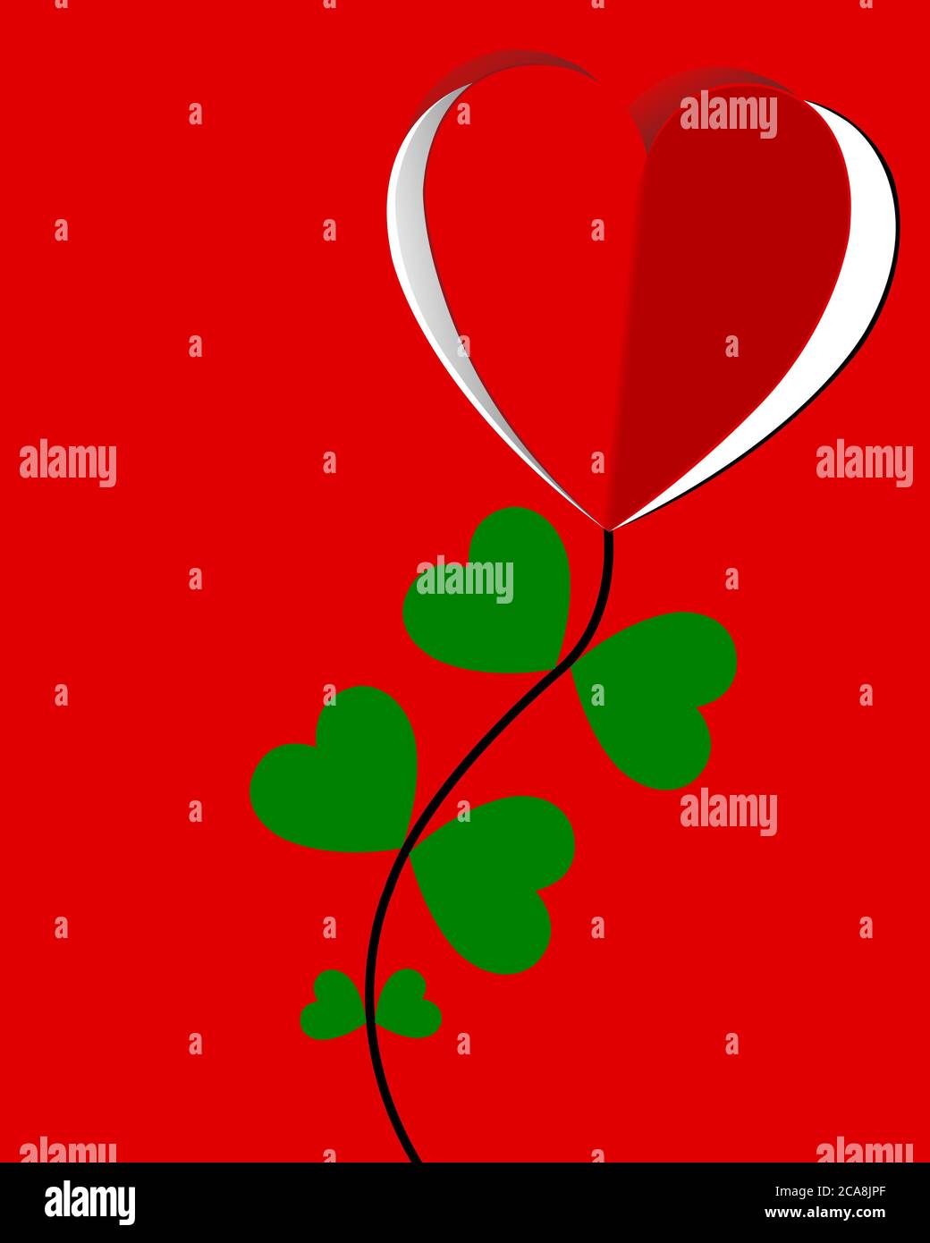 Fleurs en papier en forme de coeur, fleurs rouges, feuilles vertes. Illustrations d'amour sur fond rouge. Banque D'Images