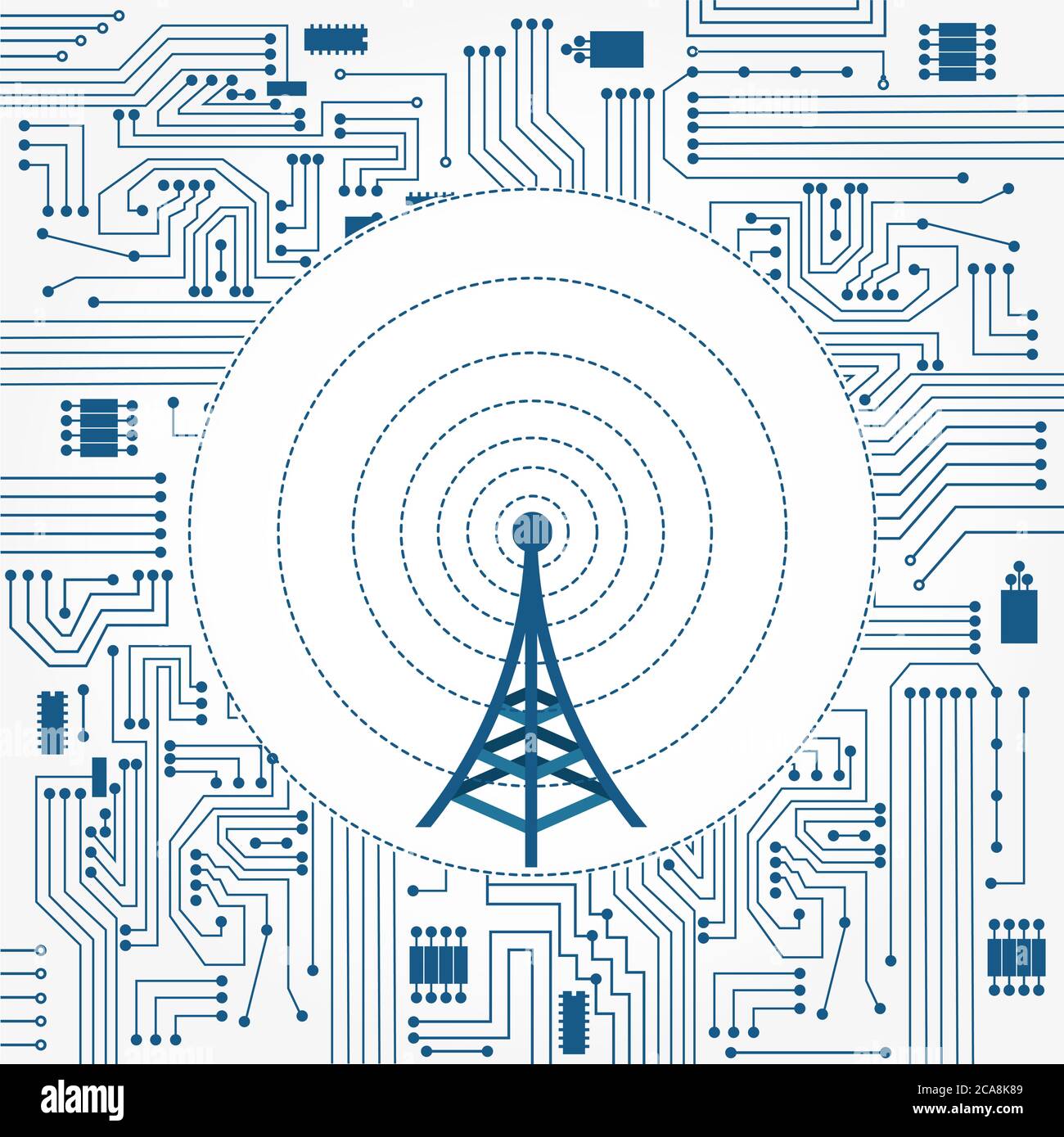 Arrière-plan du circuit électronique avec une tour de communication au centre Illustration de Vecteur