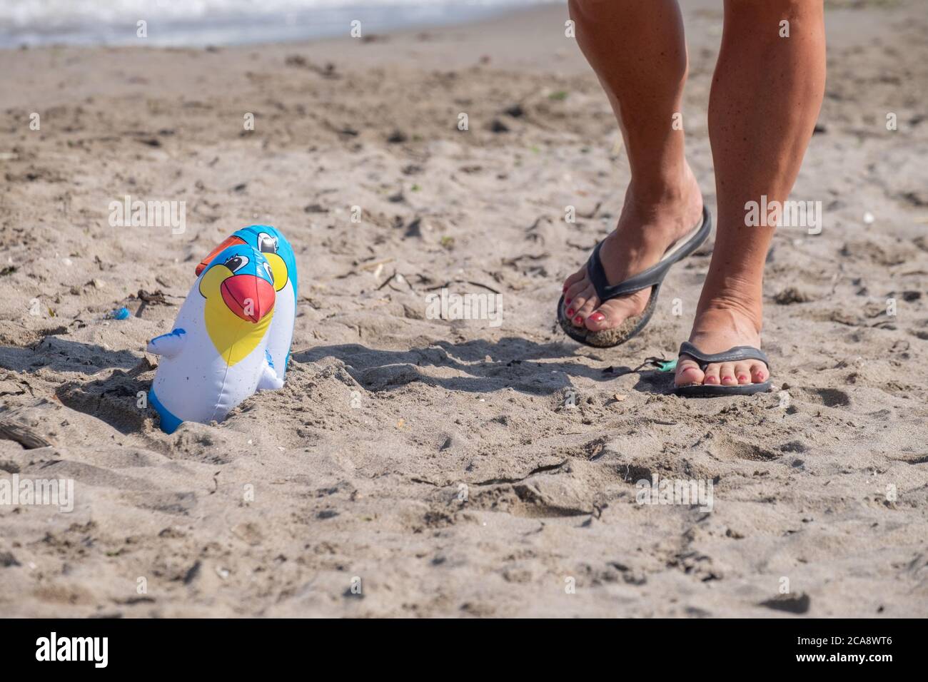 deux pélicans gonflables, sur le sable de la plage. À côté d'une personne marchant dans des chaussons Banque D'Images