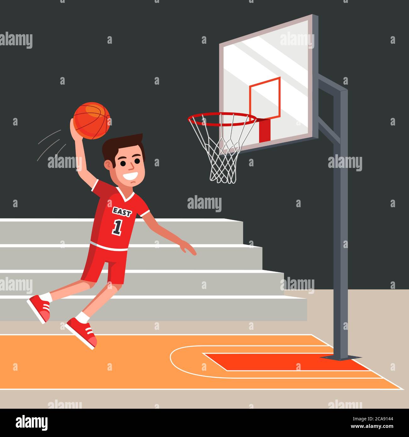 un joueur de basket-ball jette une balle orange dans le panier. Illustration vectorielle à caractères plats. Illustration de Vecteur