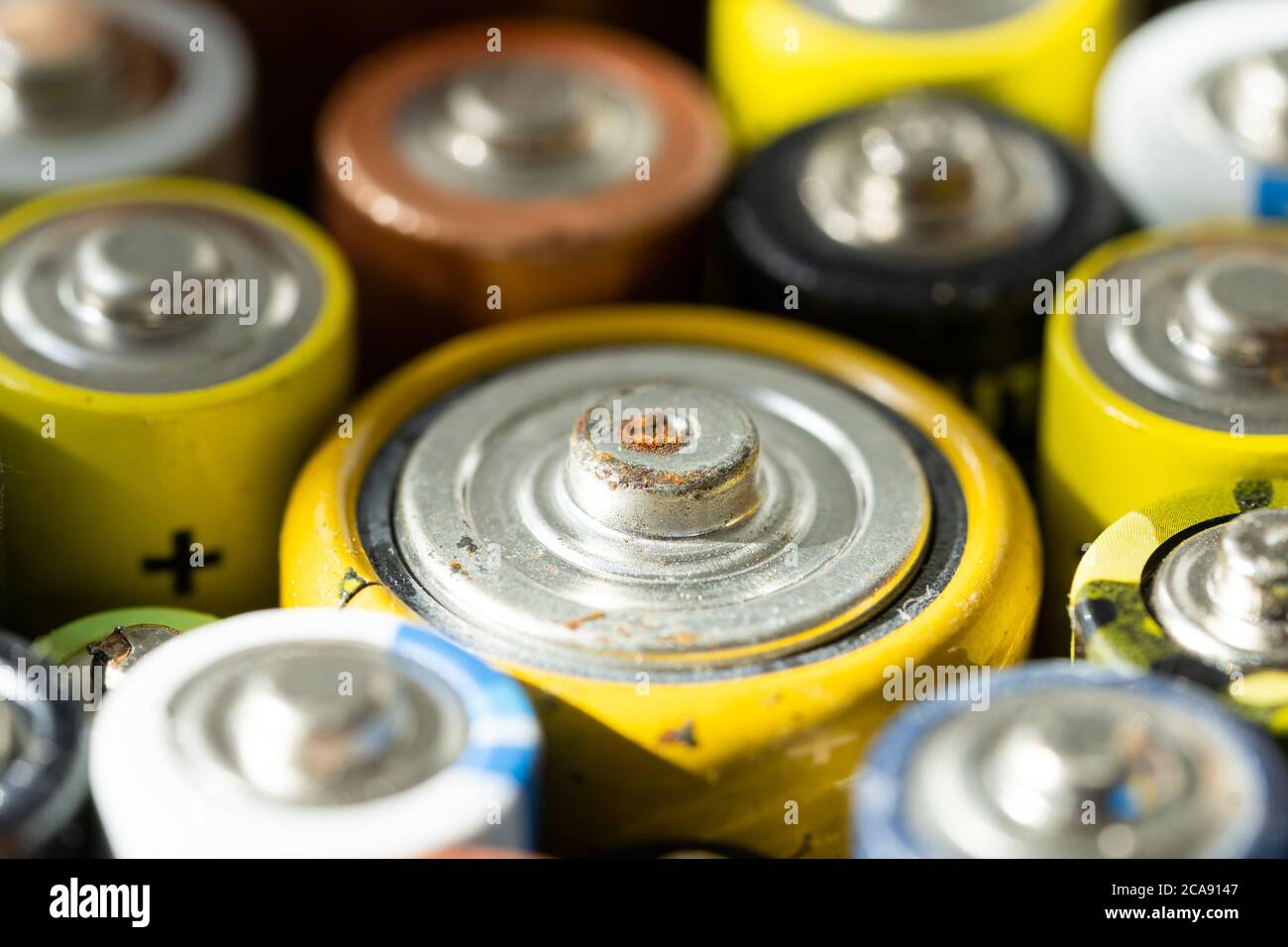 Gros plan des extrémités positives des batteries déchargées, mise au point sélective, photo macro. Pile alcaline usagée corrodée et rouillée. Déchets dangereux conc Banque D'Images