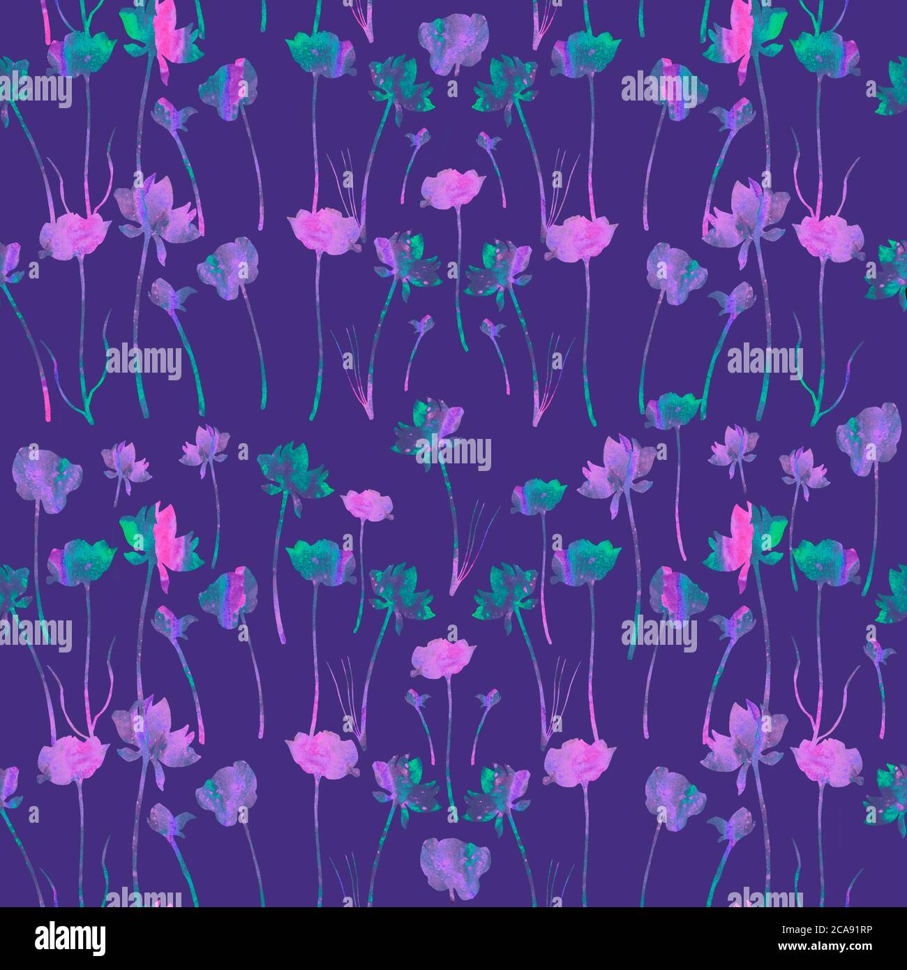 Fleurs aquarelles. Motif sans couture. Arrière-plan peint à la main. Fleurs lumineuses sur fond sombre. Fleurs bleues, roses et violettes. Banque D'Images