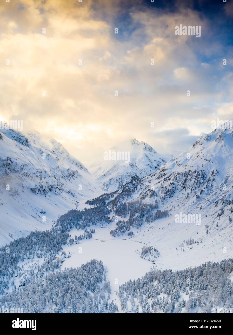 Vue aérienne du lac Cavloc et des bois couverts de neige, vallée de Bregaglia, Engadine, canton de Graubunden, Suisse, Europe Banque D'Images