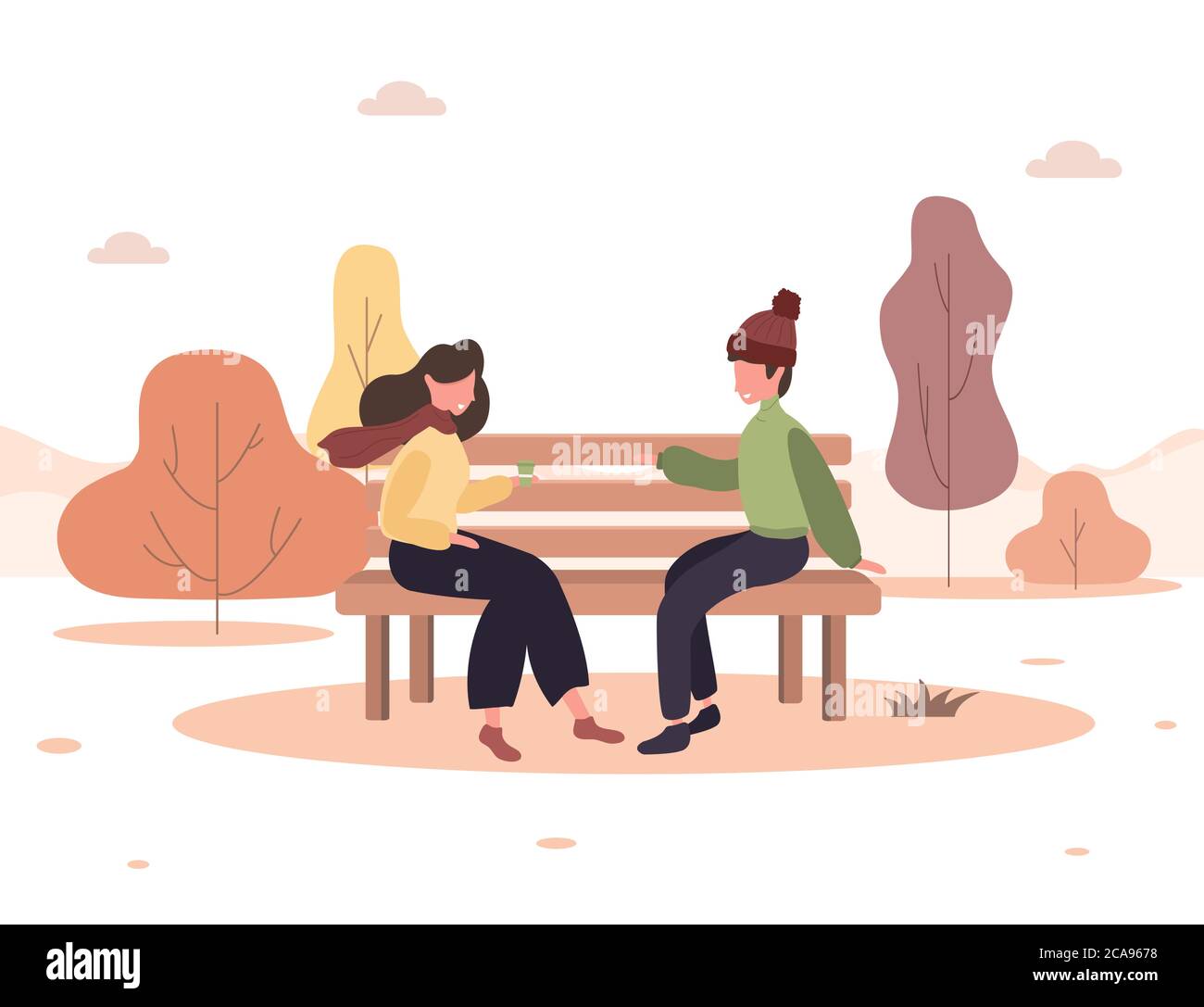 Homme et femme ont une date dans le parc. Couple romantique assis sur le banc et souriant. Deux amoureux passent du temps ensemble. Un arrière-plan d'automne heureux. Vecteur Illustration de Vecteur