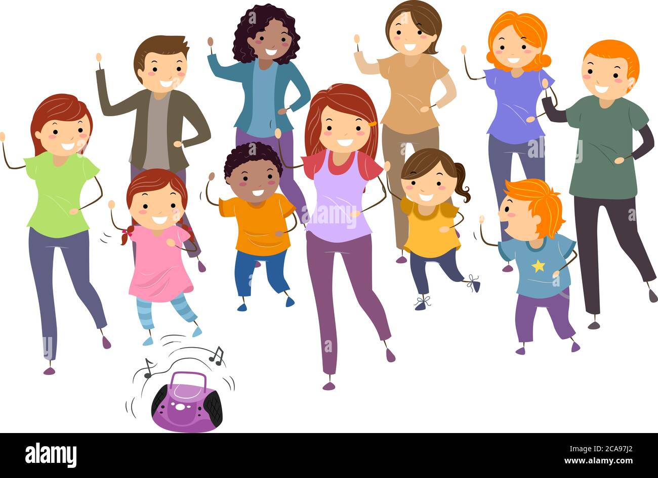 Illustration de Stickman enfants, filles et hommes danse en groupe avec un lecteur de musique Banque D'Images
