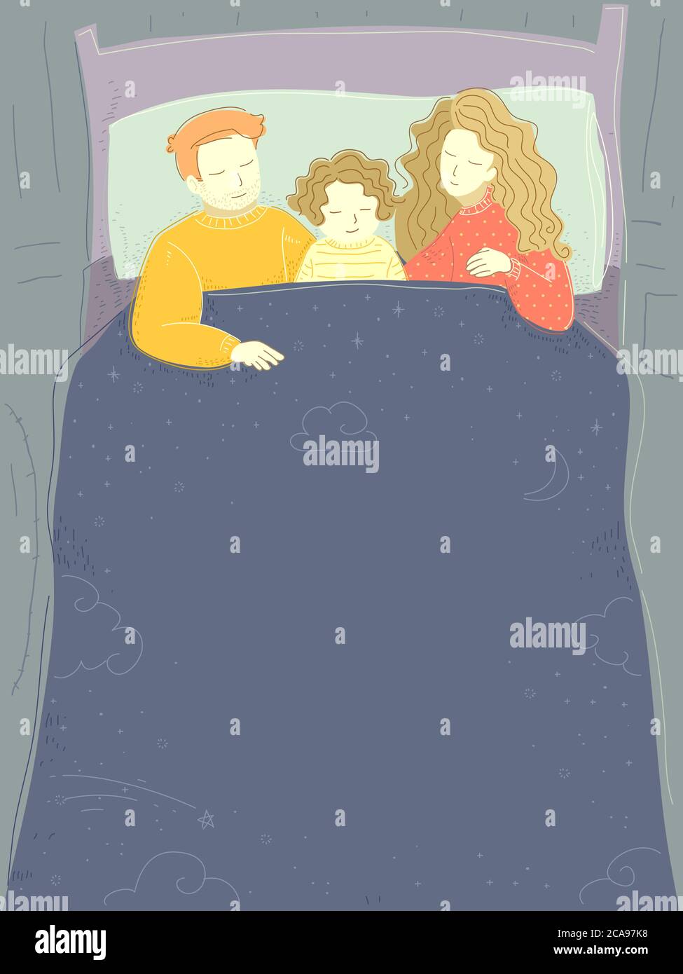Illustration d'un enfant garçon avec des parents dormant dans le lit avec espace pour le texte dans la housse de lit Banque D'Images