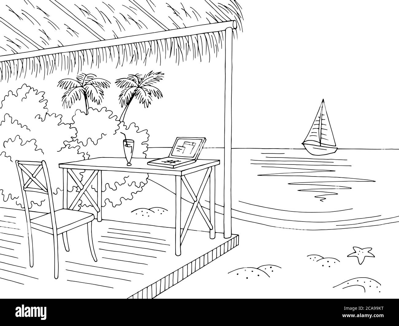 Beach bureau bungalow graphique baie noir blanc paysage esquisse illustration vecteur Illustration de Vecteur