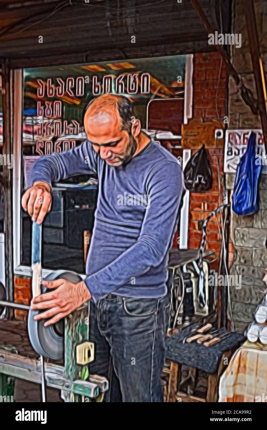 Broyeur à couteaux, Dezerter Bazar, Tbilissi, Géorgie, Caucase, Moyen-Orient, Asie Banque D'Images