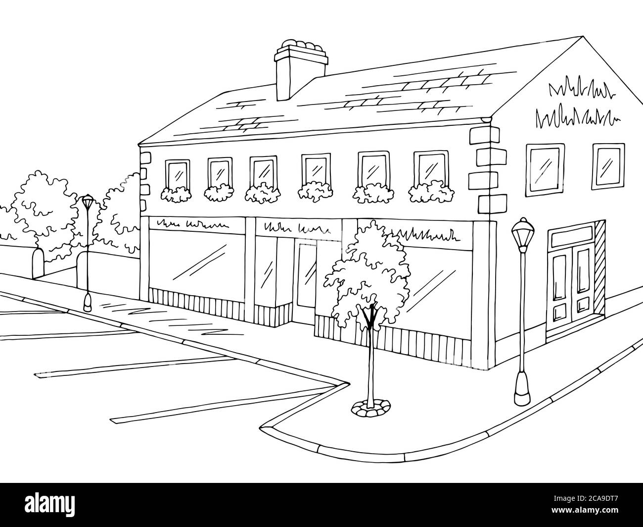 Vieille route graphique ville noir blanc paysage dessin illustration vecteur Illustration de Vecteur