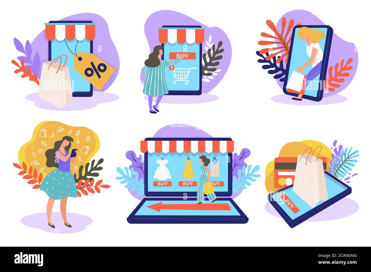 Achats en ligne via PC portables, smartphones et tablettes Vector Illustration de Vecteur