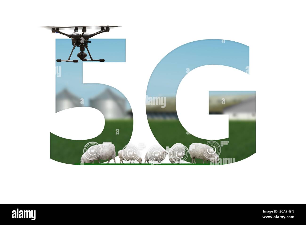 Réseau 5G pour le contrôle de drone sur une ferme intelligente. Banque D'Images