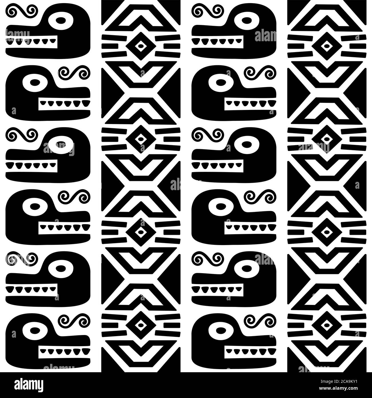 Animaux aztèques, serpent maya, ancien vecteur mexicain modèle sans couture en noir sur fond blanc Illustration de Vecteur