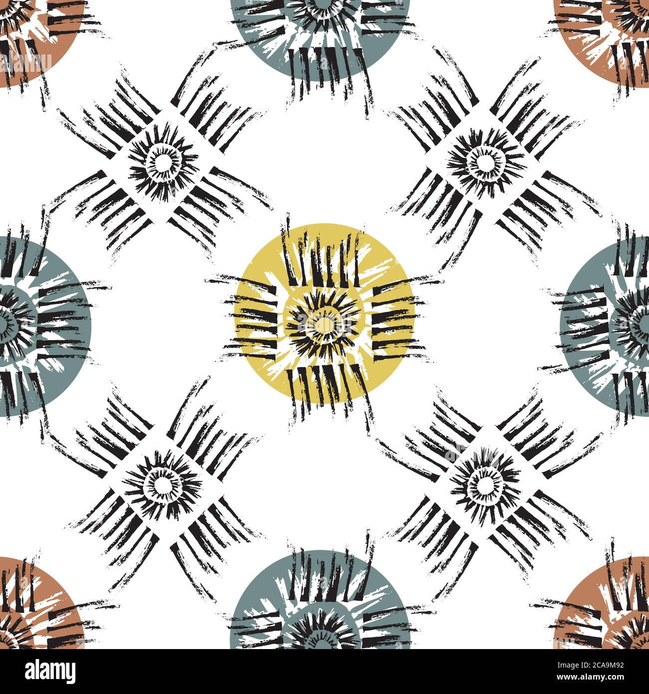 Motifs tribaux vectoriels fond de motif sans couture. Toile de fond du symbole de soleil de style grunge dans les cadres carrés de trait de pinceau effiloché. Couleur MidCentury et Illustration de Vecteur