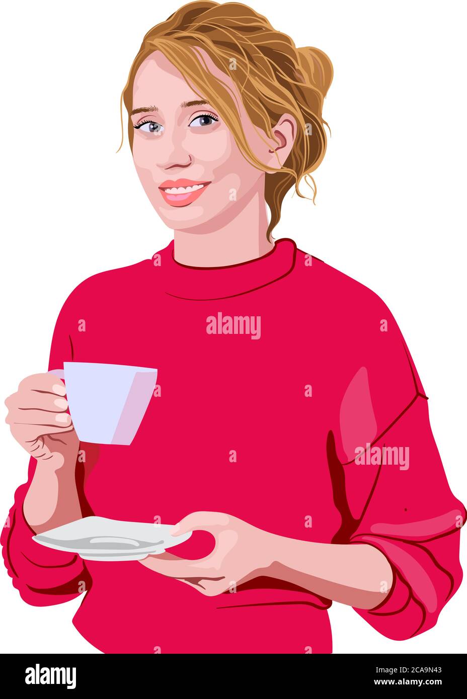 Une femme heureuse en chandail rose tenant une tasse et souriant. Vecteur Illustration de Vecteur