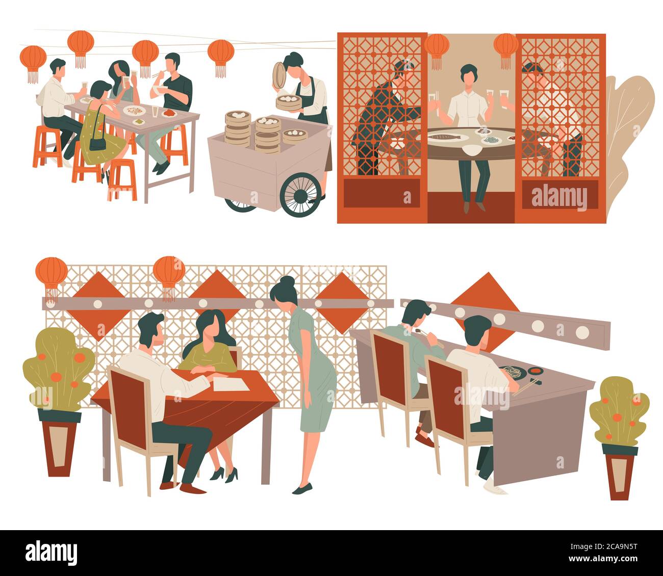 Restaurant chinois clients et serveuse, restaurant ou luxueux restaurant Illustration de Vecteur