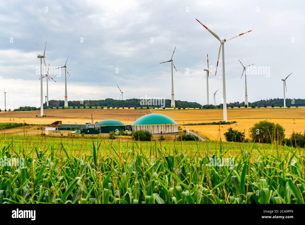 Parc éolien, usine de biogaz, près du village Eisenach, au sud de Bitburg, Eifel, Rhénanie-Palatinat. Allemagne, Banque D'Images