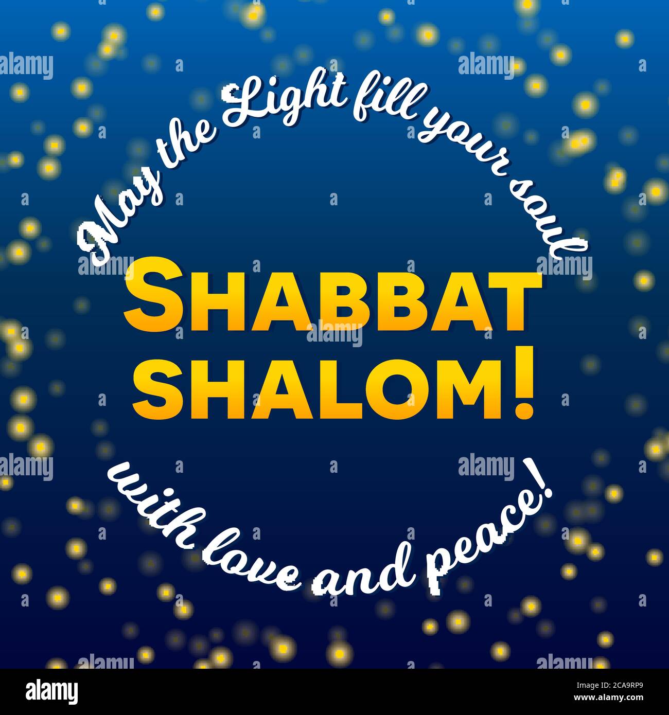 Shabbat Shalom lettering, carte de vœux, illustration vectorielle. Mots hébraïques Shhabbat shalom et bleu étoile nuit ciel bokeh fond. Religieux juif Illustration de Vecteur