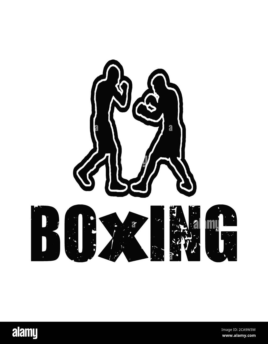 Motif de boxe dans un motif grunge de texte noir sur fond blanc avec deux boxers qui font la part. Bon pour les concepts de sport. Banque D'Images