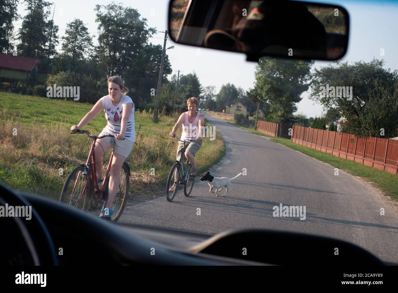 Deux femmes polonaises avec leur chien à vélo le long d'une route de campagne. Zawady Gmina Rzeczyca Pologne Banque D'Images