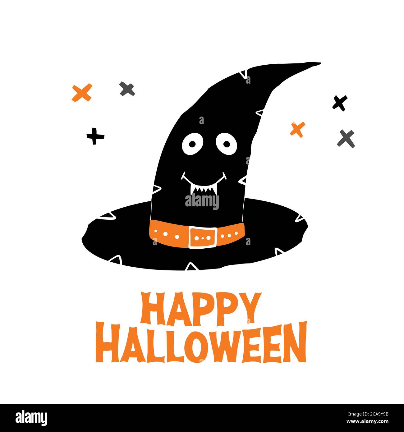 Chapeau de sorcière avec visage souriant mignon et joyeux Halloween lettering et des éléments de crossing de doodle. Carte de vœux des fêtes. Isolé sur fond blanc. Vecteur Illustration de Vecteur