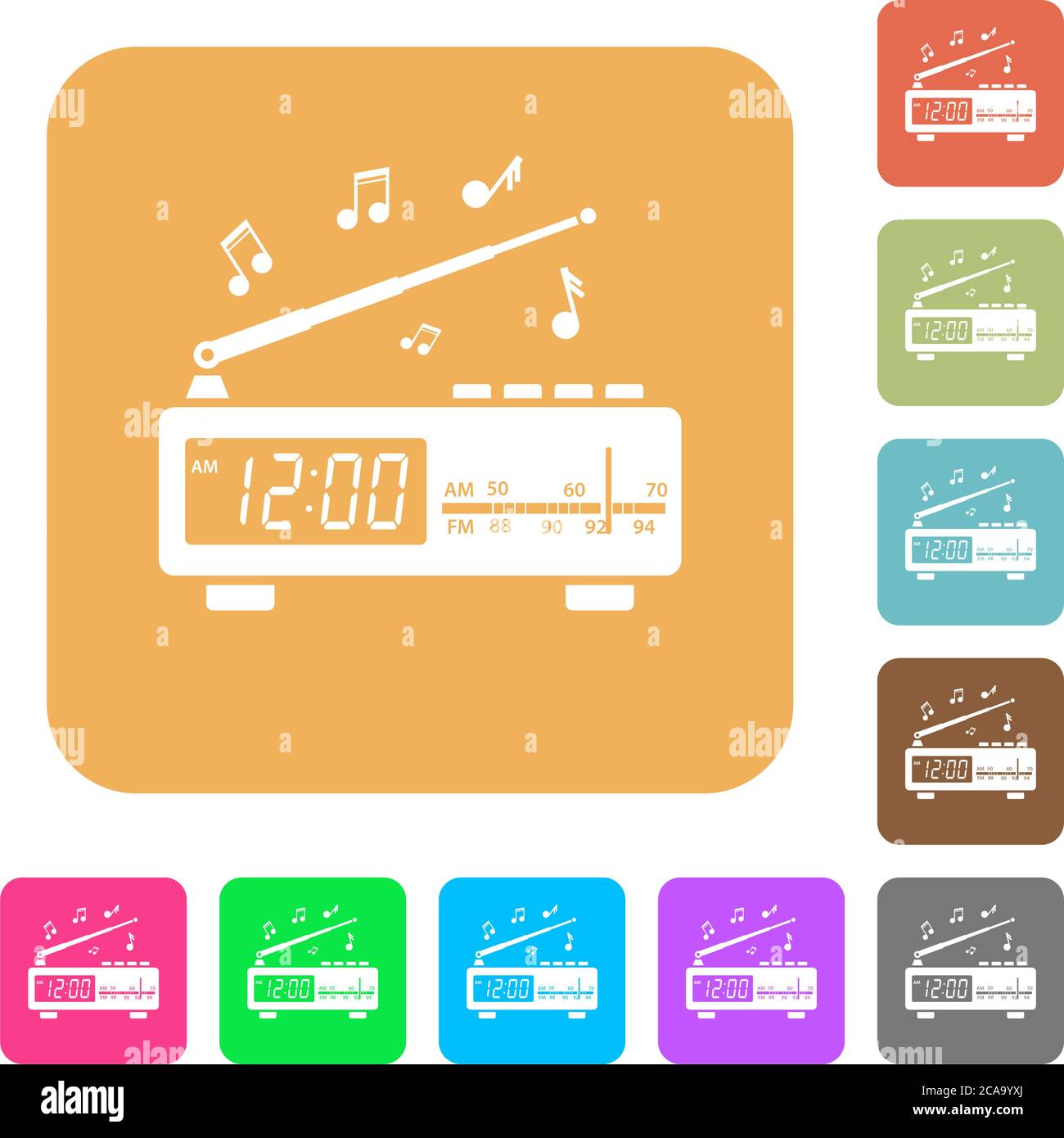 Radio-réveil vintage avec icônes plates sur fond carré arrondi aux couleurs vives. Illustration de Vecteur