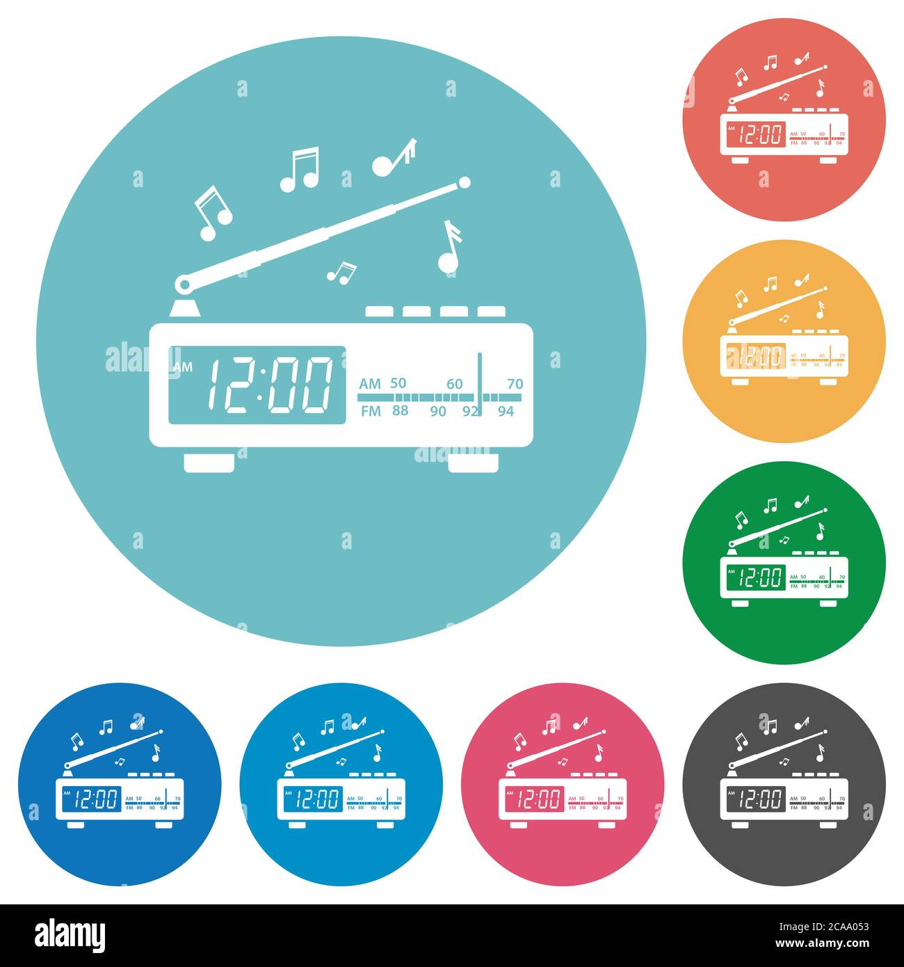 Radio-réveil vintage avec icônes blanches plates sur fond rond Illustration de Vecteur