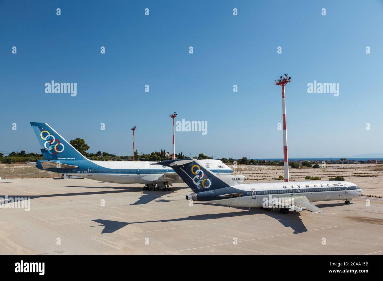 Les anciens Boeing 747 et Boeing 737 ont été mis à la terre dans l'ancien aéroport d'Elliniko, dans le sud d'Athènes, dans la région d'Attica, en Grèce, en Europe. Banque D'Images