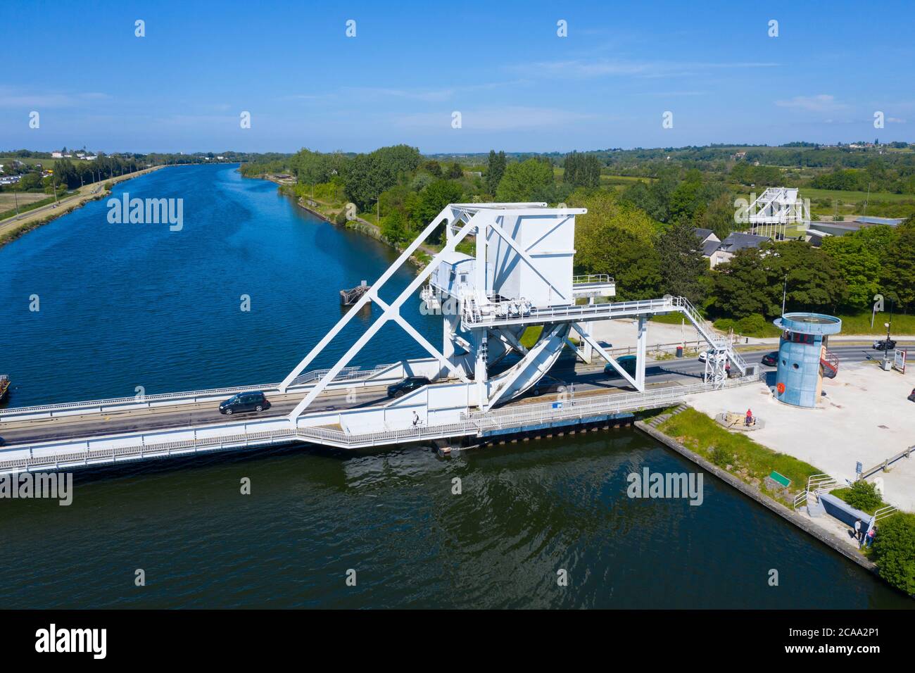 Vue aérienne du pont Pegasus, Normandie, France, l'un des objectifs des débarquements du jour J. Banque D'Images