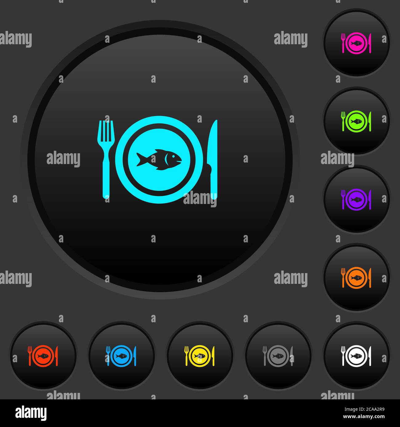 Boutons-poussoirs de poisson pour le déjeuner avec icônes de couleur vive sur fond gris foncé Illustration de Vecteur