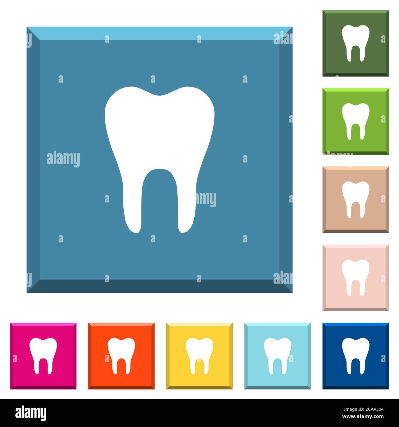 Icônes blanches à une dent sur des boutons carrés à bords dans diverses couleurs tendance Illustration de Vecteur