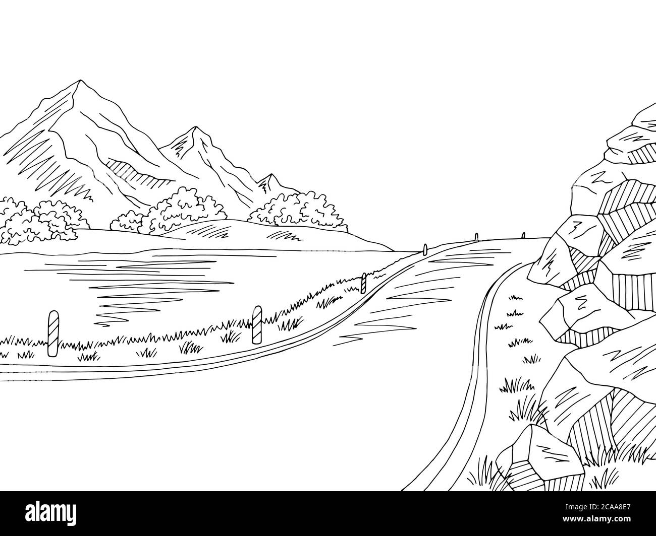 Mountain Lake Road graphique noir blanc paysage esquisse illustration vecteur Illustration de Vecteur