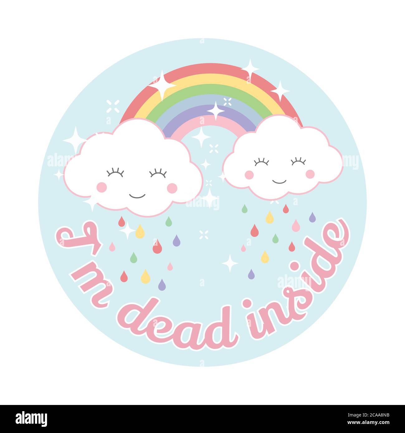 Motif nuages et arc-en-ciel charmant. Dessin animé, style kawaii, nuage et arc-en-ciel, t-shirt coloré avec texte I'm Dead Inside. Illustration de Vecteur