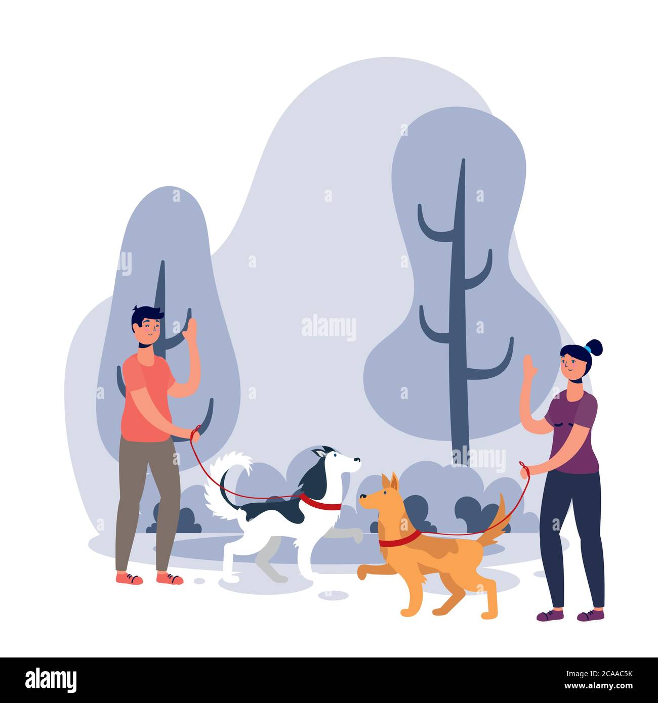 jeune couple marchant avec des chiens mascottes vecteur illustration design Illustration de Vecteur