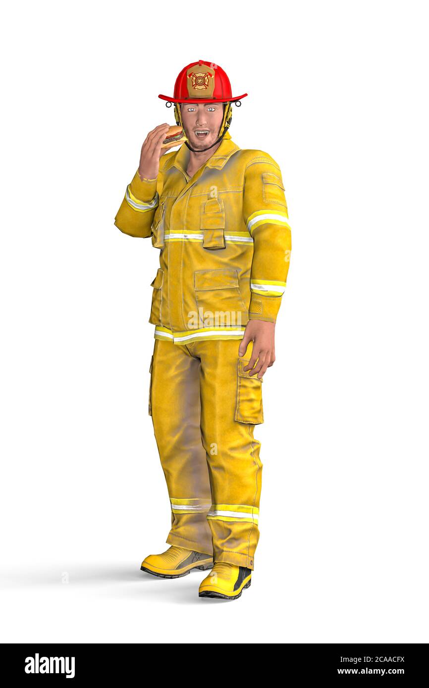 Un pompier souriant se tient avec un hamburger dans la main et regarde directement dans la caméra - isolée sur fond blanc - illustration 3d Banque D'Images