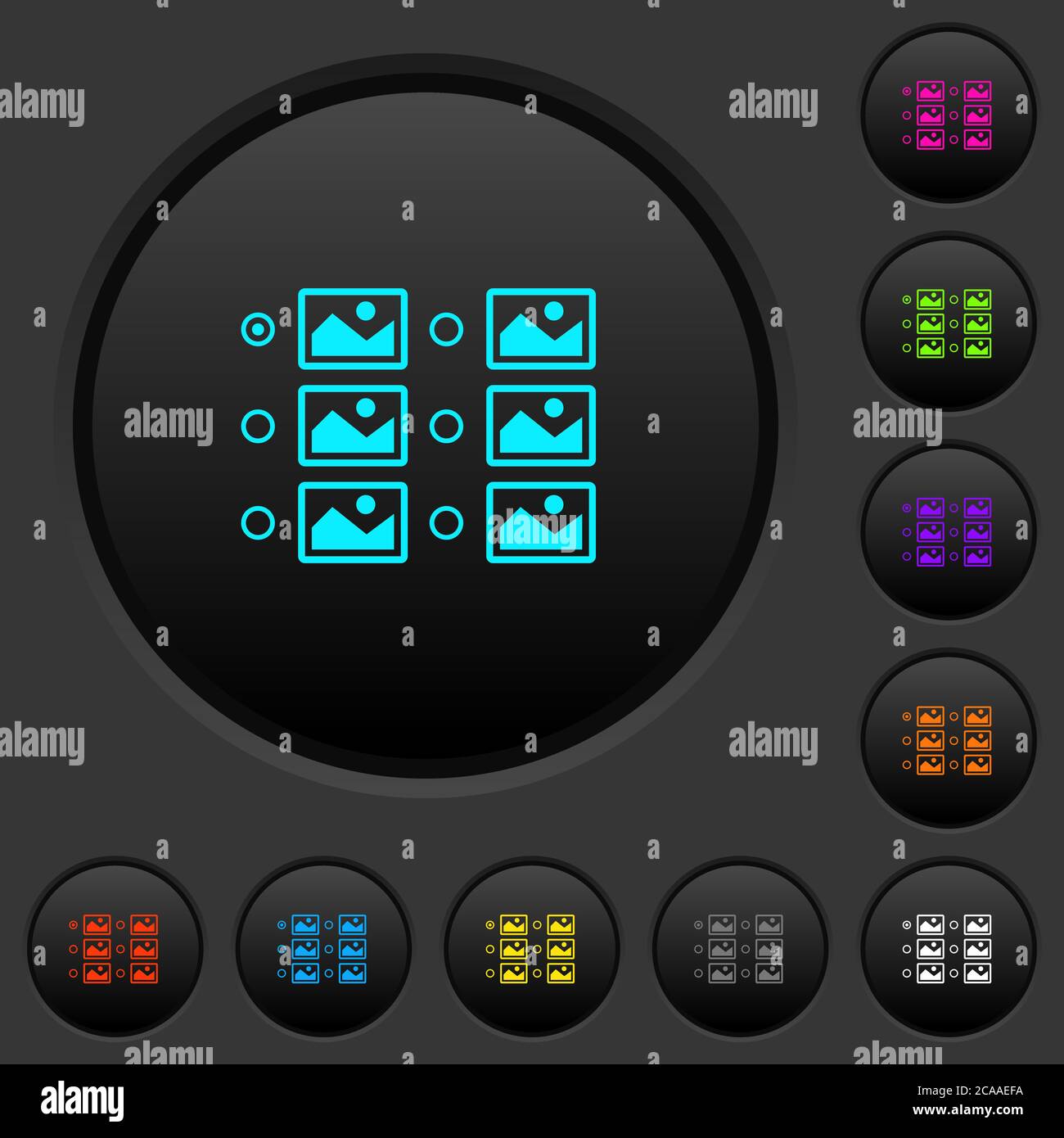 Sélection d'une seule image avec boutons radio boutons-poussoirs sombres avec icônes de couleur vive sur fond gris foncé Illustration de Vecteur