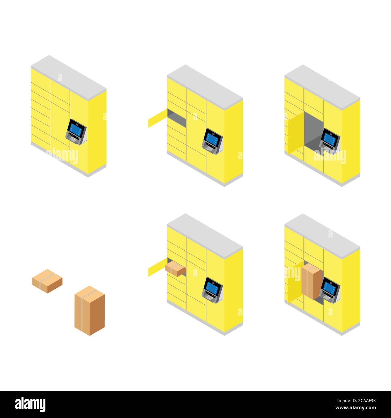 Le client utilise un terminal de poste automatisé en libre-service ou un casier pour déposer un colis à des fins d'entreposage. Ensemble de station de livraison de colis, collecte Illustration de Vecteur