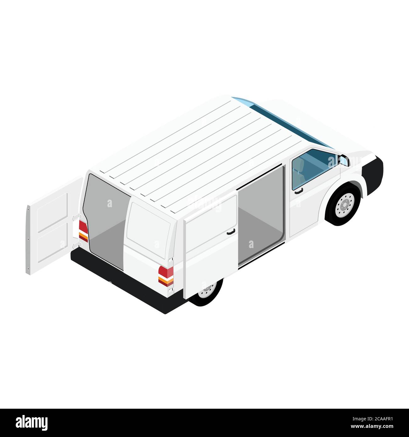 Livraison de marchandises détaillées Hi-Van avec vue isométrique vecteur a ouvert des portes. Modèle pour la maquette et l'identité de marque design sur le transport. Reali Illustration de Vecteur